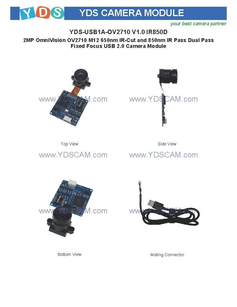 Yds-USB1a-Ov2710 V1.0 IR850d 2MP Ov2710 M12 850nm Dual Pass Fixed Focus USB 2.0 Camera Module